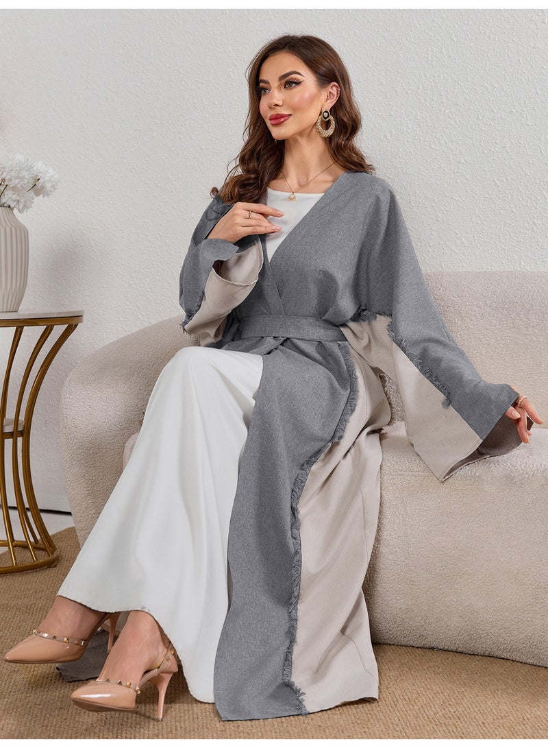 SHOWDAY Women’s Open Front Abaya Cardigan, Two Tone Long Kimono Kaftan with Belt & Pockets, Modest Maxi Outerwear for Daily Wear, Ramadan & Eid - Image 2